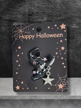 Black Witch's Hat Brooch Pin with Star Charm & Multicolored Crystals